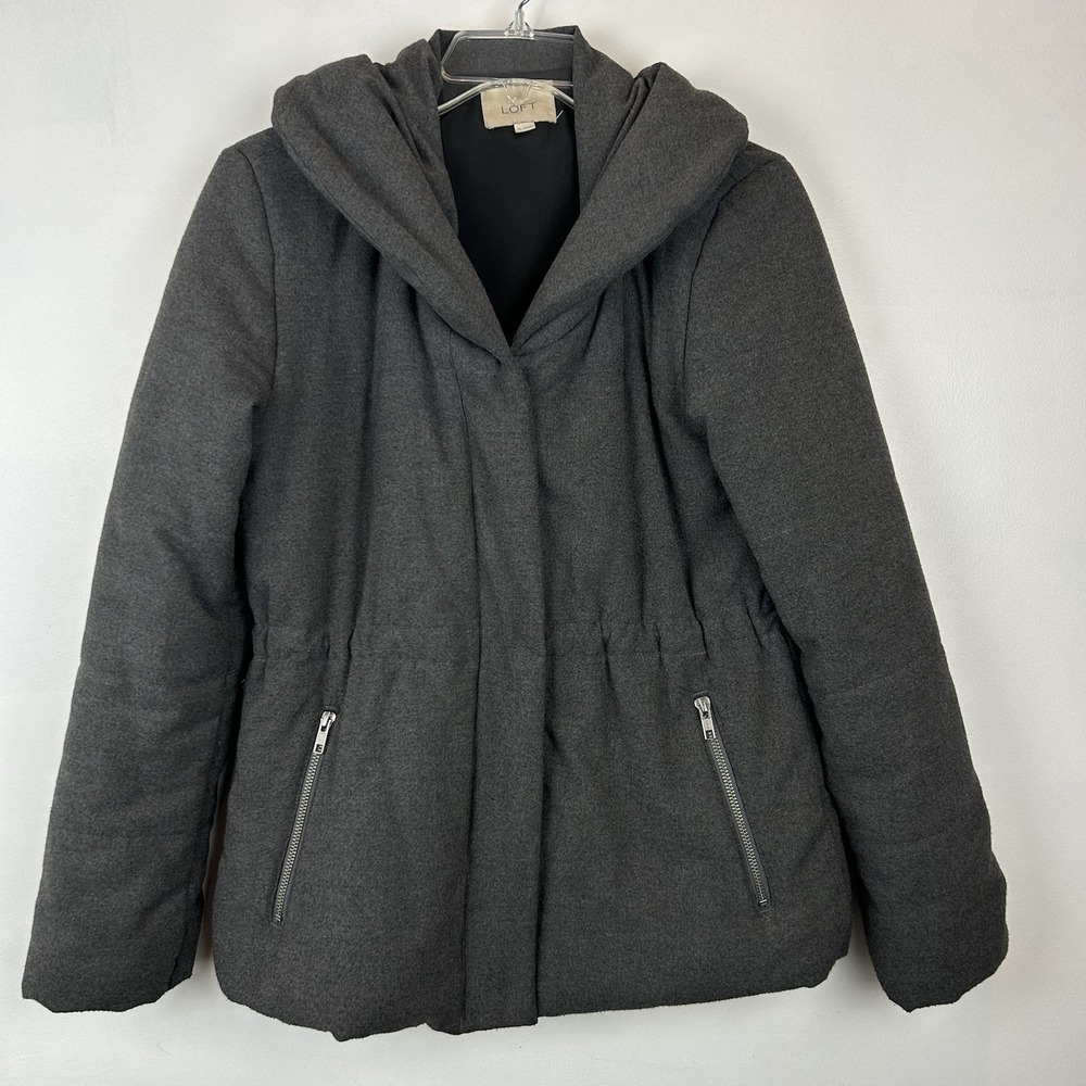 Ann Taylor Loft Coat Womens XS Gray Puffy Collar Casual Cinch Waist Read